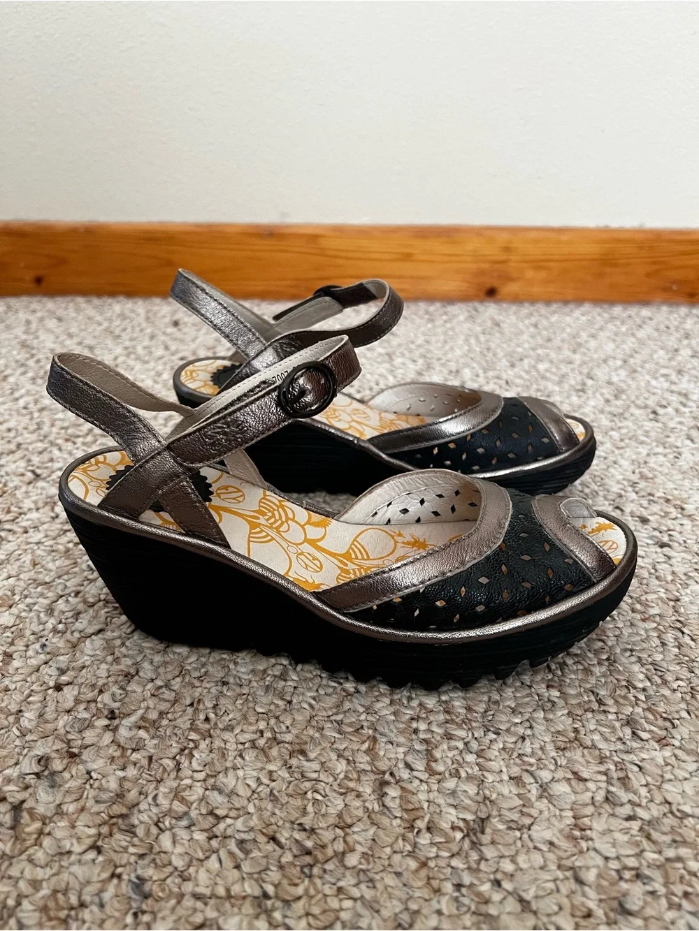 Fly London Black and Metallic Bronze Wedge Sandals 38